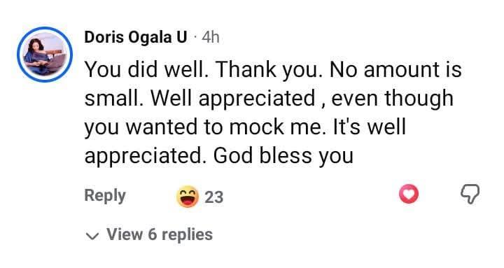 Actress Doris Ogala reacts after man who donated to her campaign asked for refund