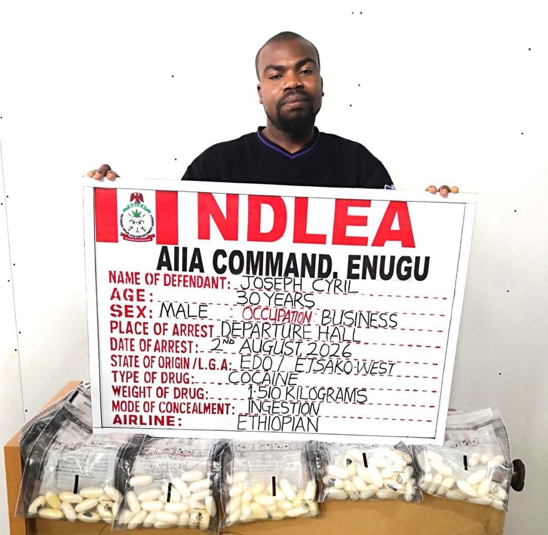NDLEA Nabs Italy-Based Businessman with 98 Cocaine Wraps at Enugu Airport