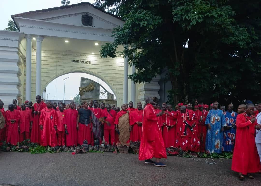 Priests and priestesses from various shrines participating in the spiritual procession.