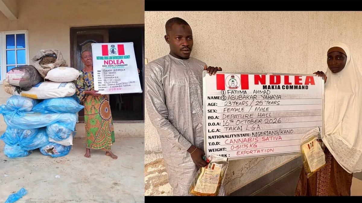 85-year-old Grace Ehimika (left), Fatimah Ahmad (right), and her cousin, Abubakar Yahaya (middle), who were arrested by NDLEA.