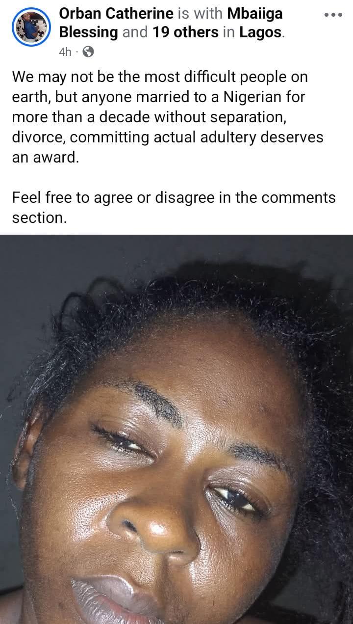 A graphic illustrating the woman's statement about deserving an award for a decade-long Nigerian marriage.