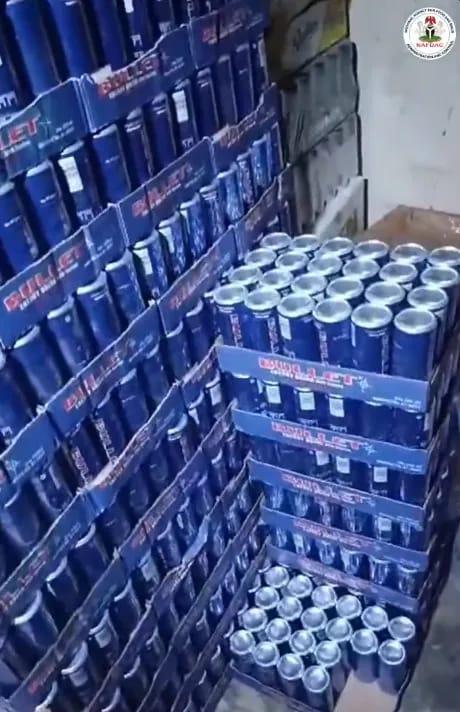 Various bottles and packaging materials found at the illegal drinks production site in Lagos.