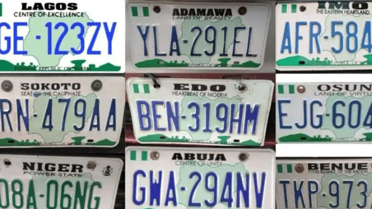Close-up view of Nigerian vehicle number plates, highlighting the regulations police are enforcing against obscured or missing plates.