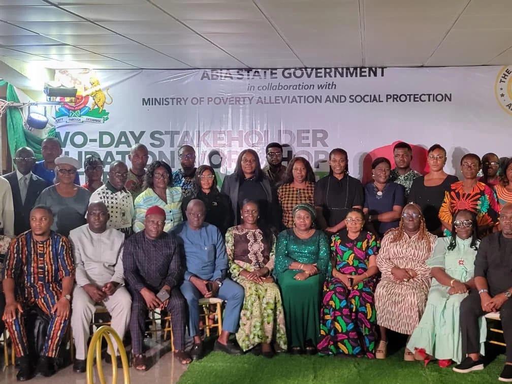 A group of participants and stakeholders engaging in discussions during the Abia State policy validation workshop.