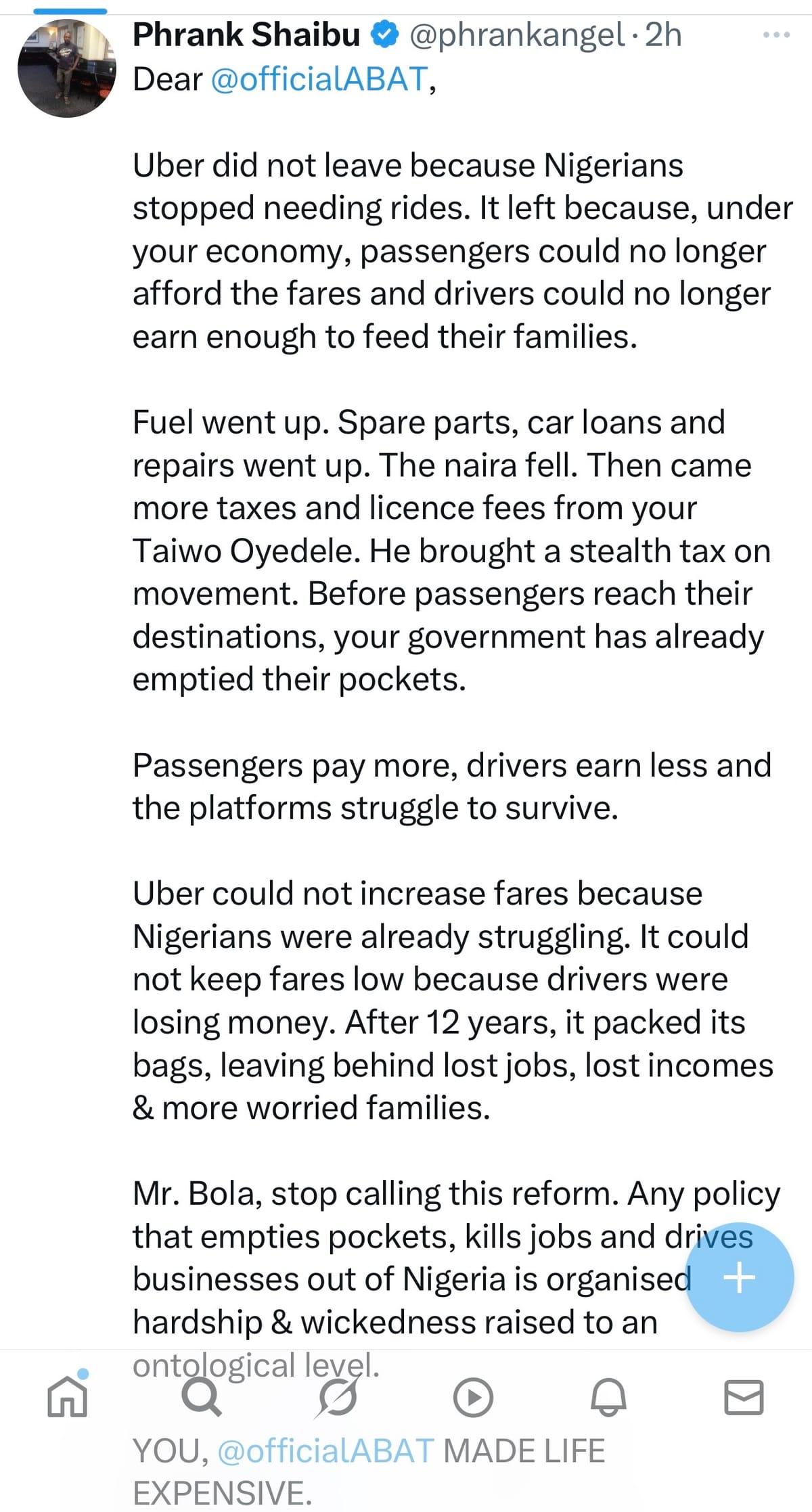 Tinubu's Economic Reforms Blamed by Atiku for Uber's Nigeria Pullout