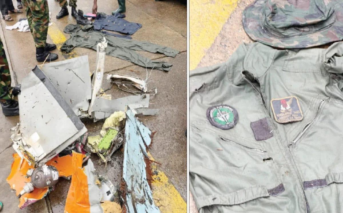 Parts of the Nigerian Air Force aircraft, uniforms, and other items recovered from the crash site in Igbokoda, Ilaje Local Government Area of Ondo State.
