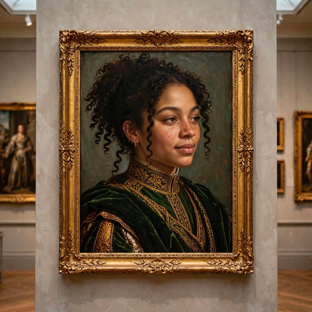 A Renaissance-inspired AI-generated portrait of a person framed elegantly.