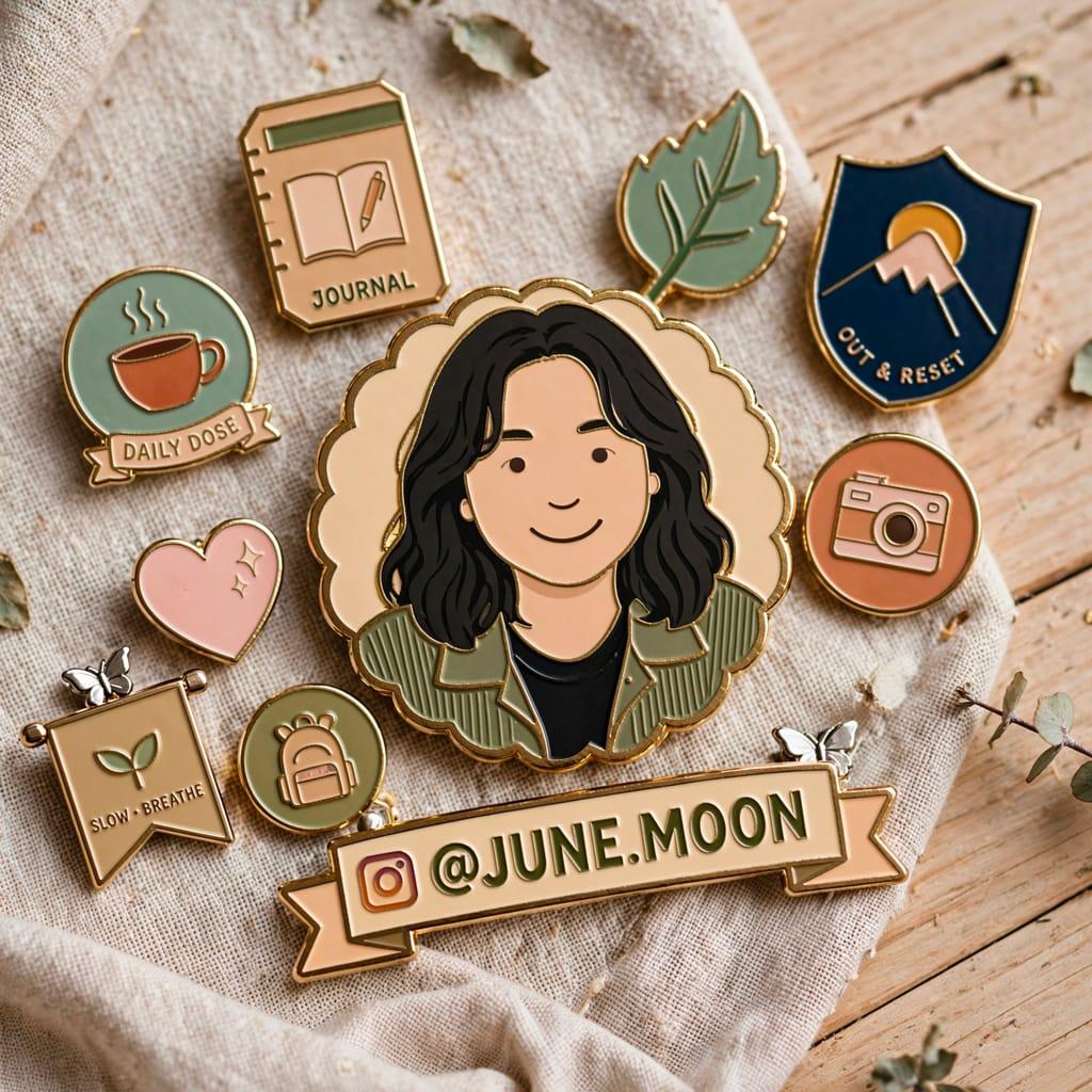 Colorful enamel pins, likely AI-generated, scattered on a light background.