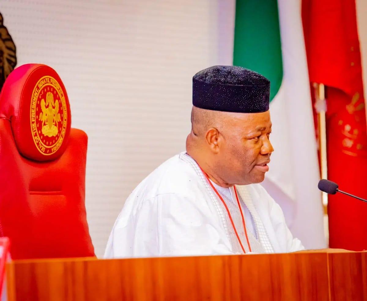 Senate President Godswill Akpabio speaks during a plenary session