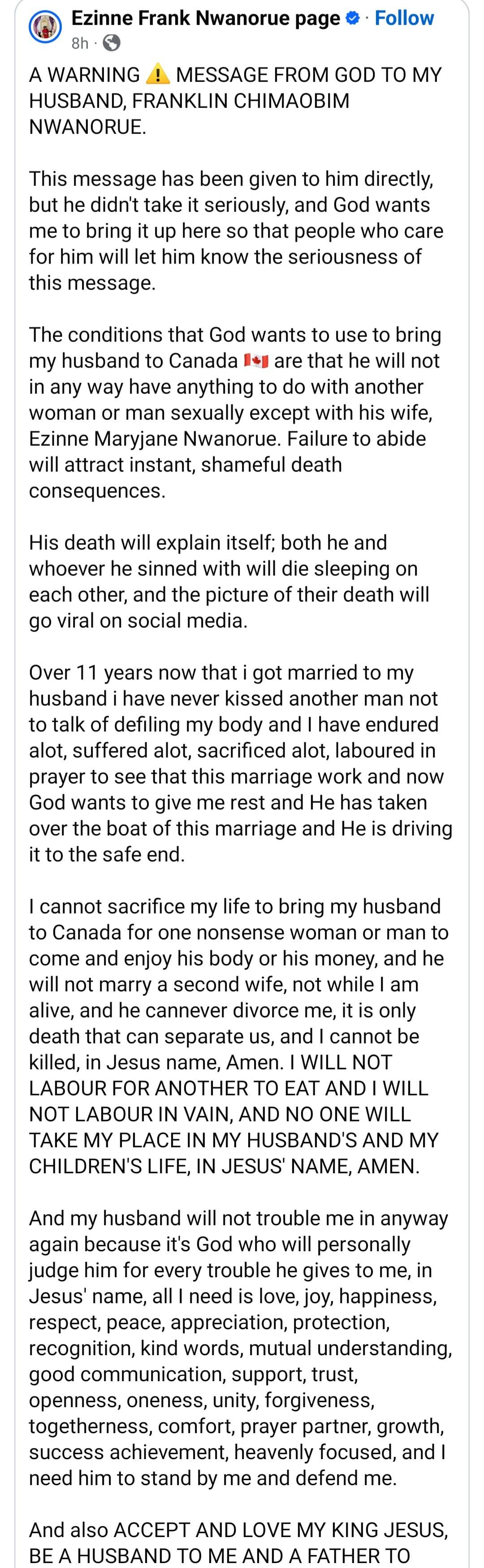 Woman gives public warning to her husband of the consequences he will face if she brings him over to Canada and he betrays her