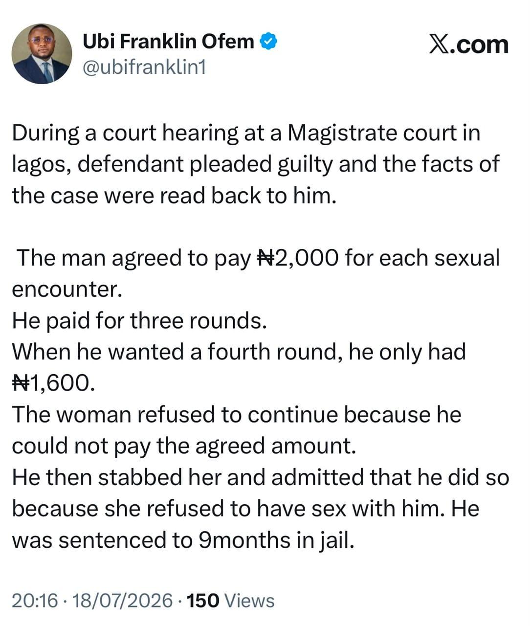 Ubi Franklin shares story of Lagos court sentencing man to nine months in jail for st@bbing woman because she refused to have s#x with him