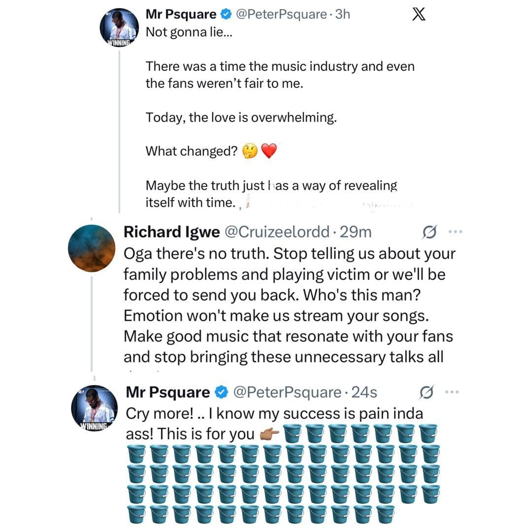 Between singer Peter Okoye and an X user