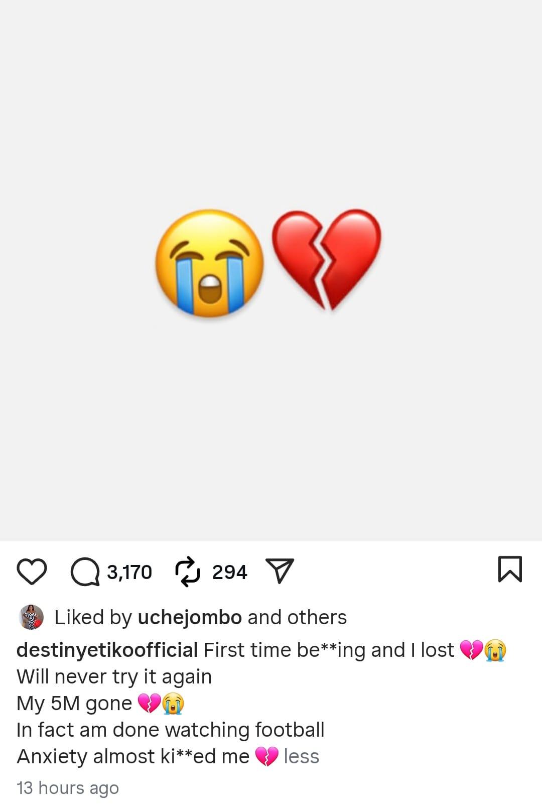 Destiny Etiko, the actress who recently lost N5 million on a World Cup final bet.