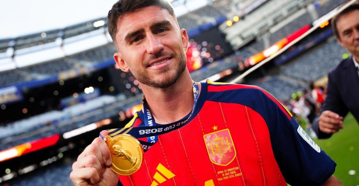 Spain's defender Aymeric Laporte celebrates a goal during the World Cup 2026
