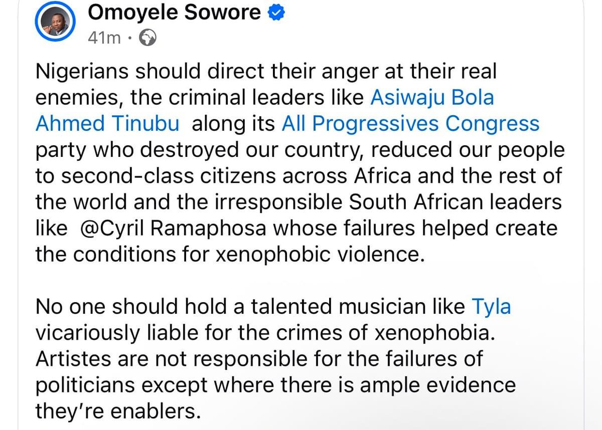 No one should hold a talented musician like Tyla liable for the crimes of xenophobia- Omoyele Sowore
