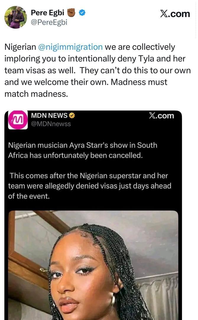 Xenophob!a: Deny Tyla and her team visas into Nigeria - BBNaija star, Pere, appeals to Nigeria Immigration Service