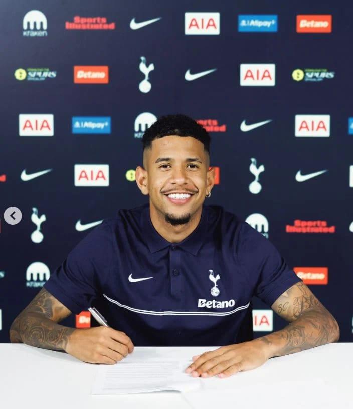 Savinho poses in Tottenham Hotspur kit after completing his £75 million move.
