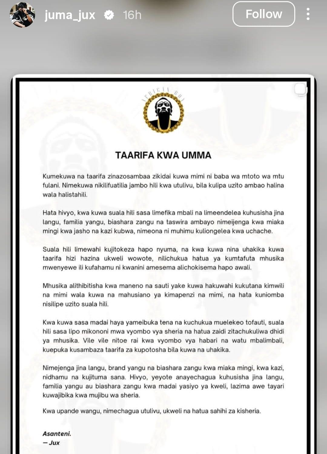 Juma Jux, the Tanzanian music star, denies paternity claims.