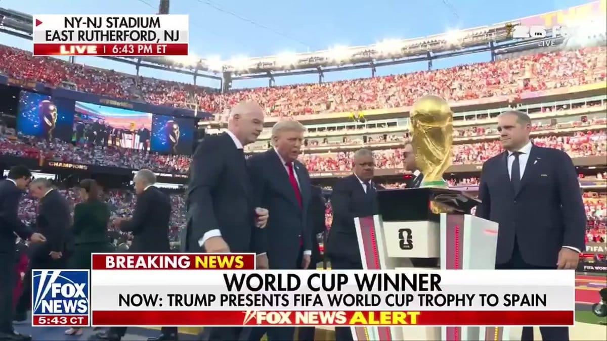 President Trump and FIFA President Gianni Infantino present the FIFA World Cup trophy to Spain after